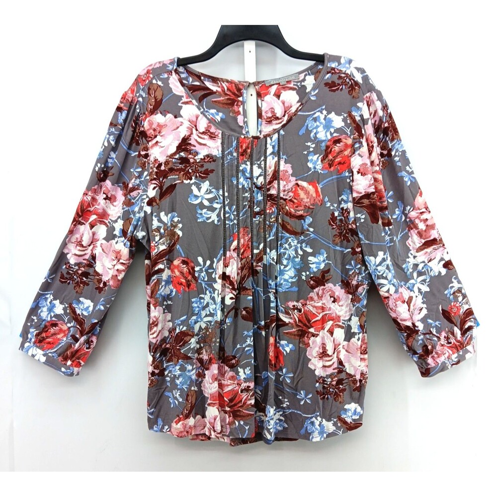 Daniel Rainn Blouse Women Plus Size 2XL Gray Floral Embellished Front Casual Top